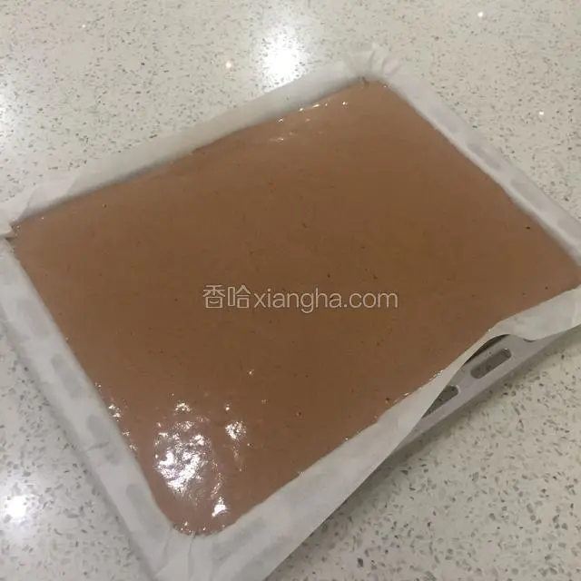 把蛋糕糊倒入烤盘刮刀刮平轻轻振出气泡。
