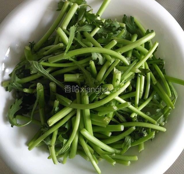 把茼蒿去根洗净，茎和叶分开
