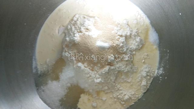 除了黄油以外，所有的材料倒入搅拌缸（面包机同样的方法，盐和酵母要分开距离。）。