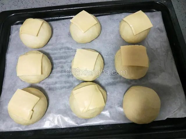 将芝士盖在发好的面团上