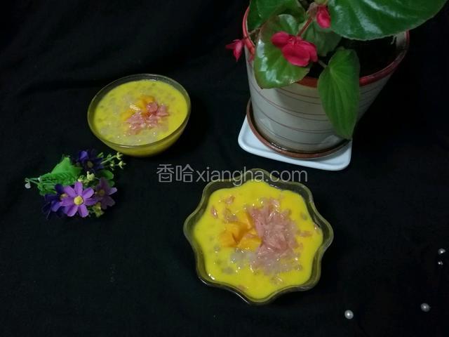表面撒上西柚粒和芒果粒就可以开吃啦