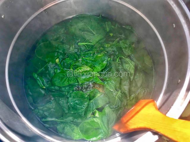 菠菜洗净择叶，沸水下锅，加一勺碱面，保持菠菜的颜色。