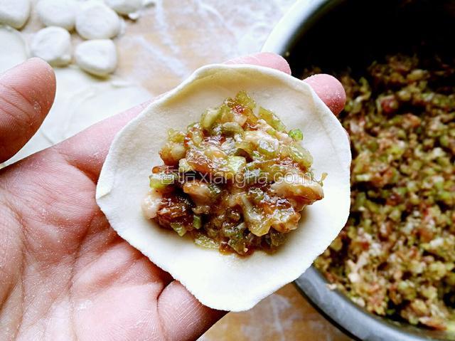 取一张饺子皮，中间放入饺子馅