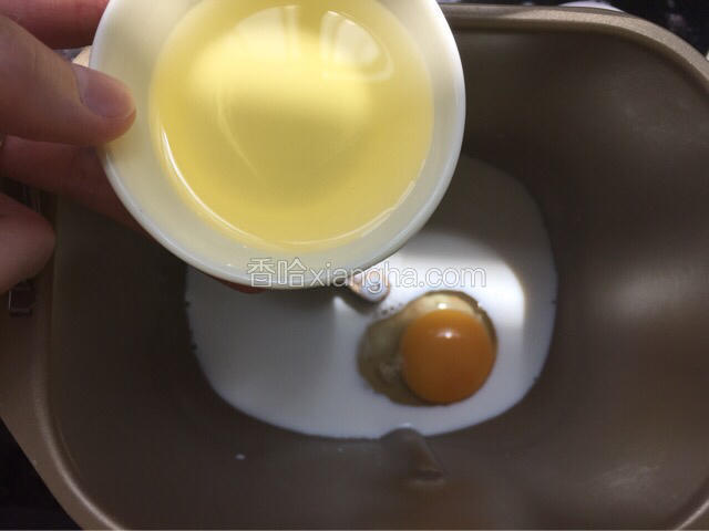 将液体材料中的牛奶、鸡蛋和油倒入面包机桶内
