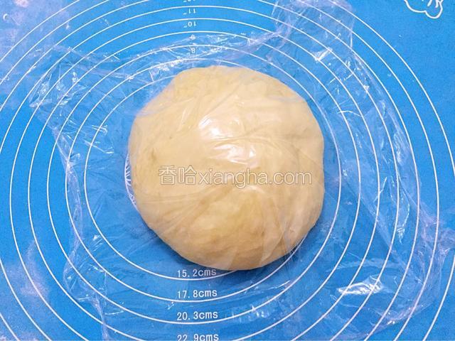 取出面团按压排气揉均匀后盖上保鲜膜醒发20分钟