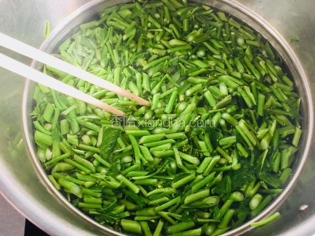 把切好的菜苔放入锅中，用筷子快速搅拌几下，看到菜苔变色，不等锅中沸腾即可关火。