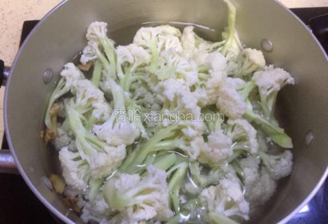 水开后放入花菜，水再次开后一分钟将花菜捞起
