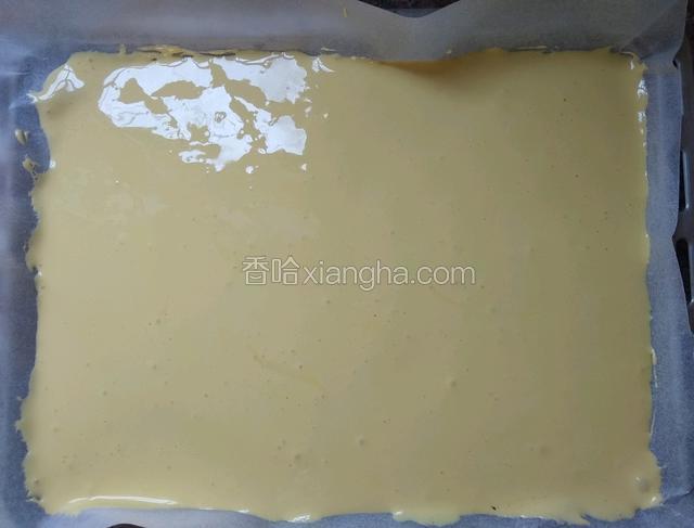 倒入铺好油纸的烤盘内，用刮刀摊匀，震两下，震出大气泡