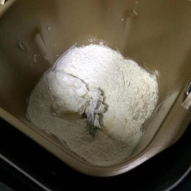 把油皮材料放入面包机桶内，约和面半个小时，呈表面光滑状态。