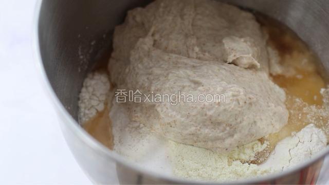 料理盆依次倒入除黄油外所有材料，包括浸泡好的全麦粉，启动揉面，扩展阶段时加入黄油继续揉