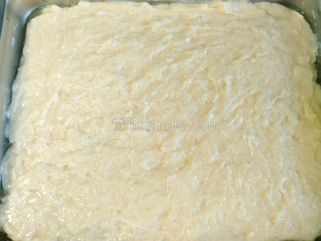 先在蒸盘底部刷食用油，再将搅匀的鱼胶倒进去，尽量抹平