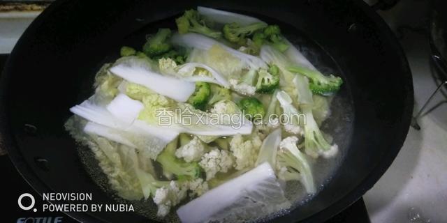 放入花菜，西兰花和娃娃菜烧至七分熟，捞出