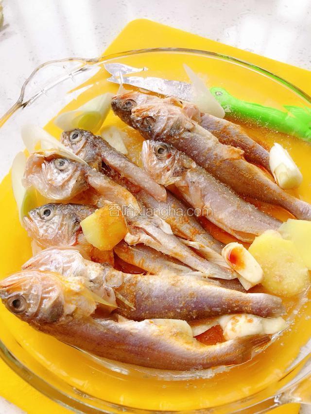将鱼腌制（放入 姜 蒜 葱 鸡精适量，料酒一滴，盐适量，味精适量，酱油适量）腌制一个小时。在腌制的过程中要翻一下
