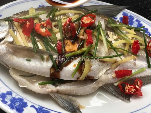 把红椒圈撒在蒸好的武昌鱼身上，再淋上刚拌好的料汁