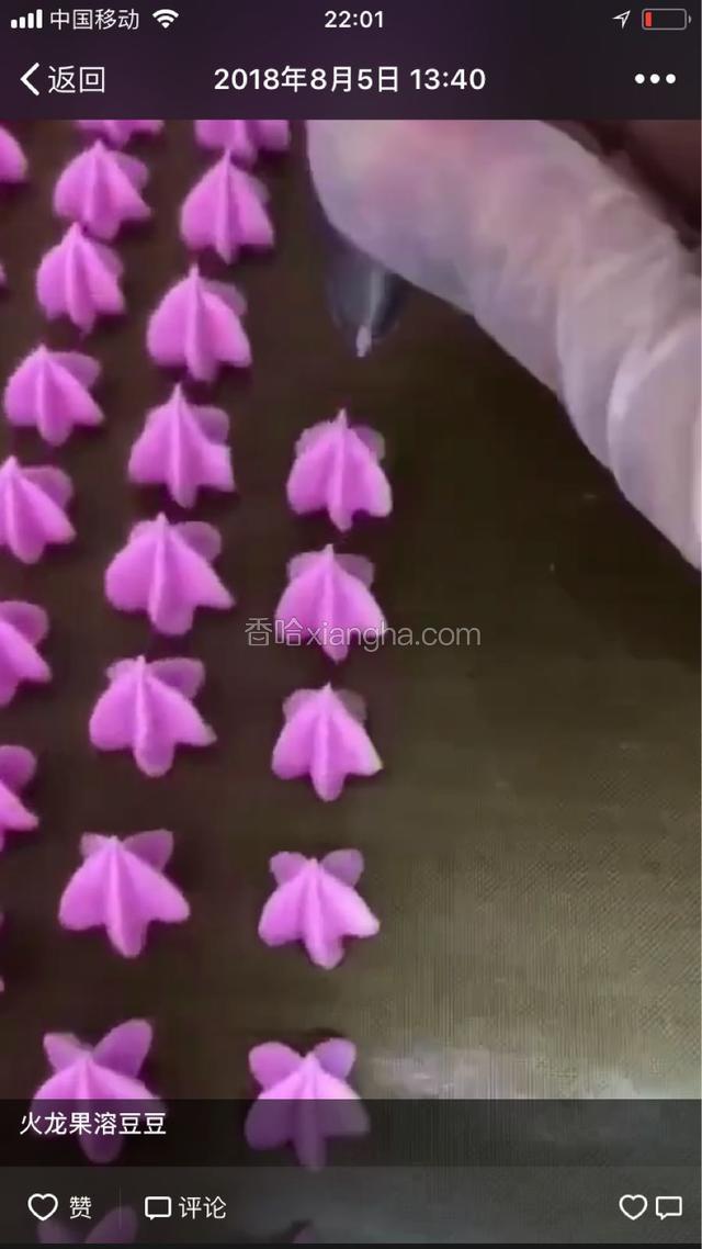 翻拌均匀装入裱花袋、找个自己喜欢的花嘴、烤盘铺上油纸、开始挤溶豆、要快速、手温过高、容易消泡，夏天温度高、需要开空调、挤好溶豆放烤箱开始烤