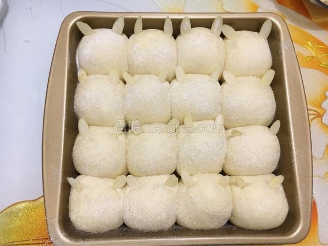 在面团表面均匀地筛上一些面粉，在耳朵的全位置用剪刀轻轻剪一个小口，然后把杏仁片插上去。