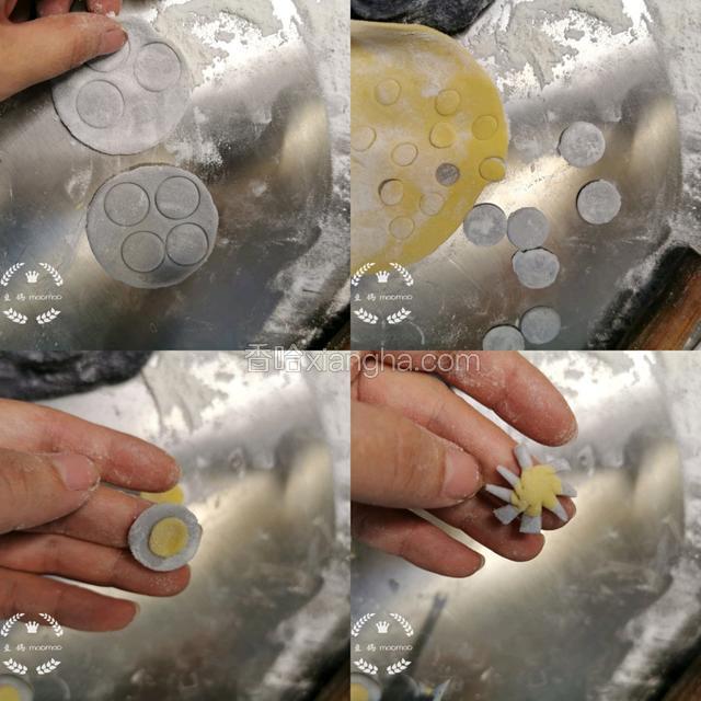 用吸管分别在蓝色面团，黄色面团上压出圆形，两个叠起来，用剪刀随便发挥，剪出小花做头饰。