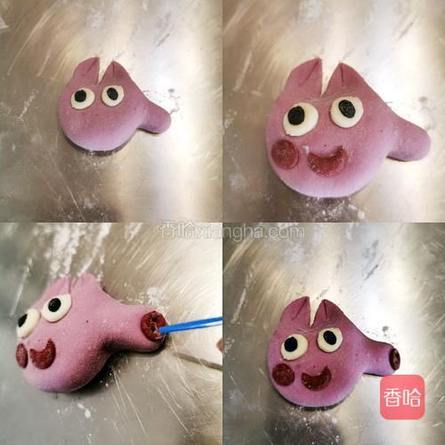 再依次贴上眼睛,脸蛋,嘴巴。鼻子,再压两个鼻孔出来。