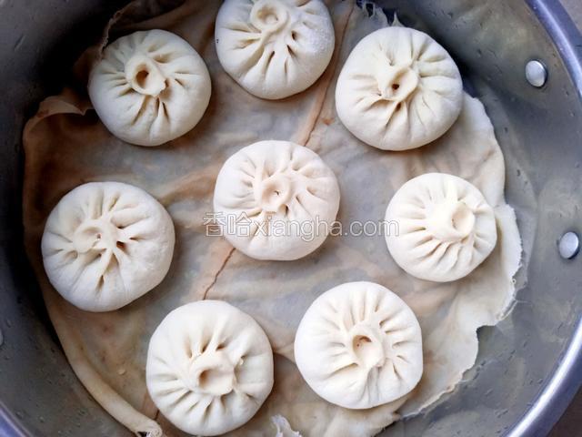 蒸锅添适量水，放入包子生胚，盖上盖子，开大火烧开3蒸15分钟，然后关火，虚蒸三分钟即可出锅。