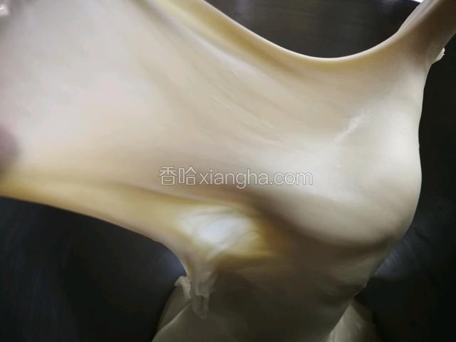 面团打发至全面扩展阶段，呈手套膜状态。