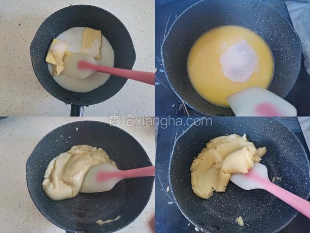 把黄油，糖，盐，牛奶倒入奶锅里，小火煮至沸腾，再快速倒入低筋面粉，快速翻拌均匀，再小火翻炒1分钟