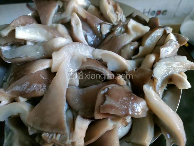 清洗好的蘑菇放入沸水锅里煮二分钟后捞出放凉。