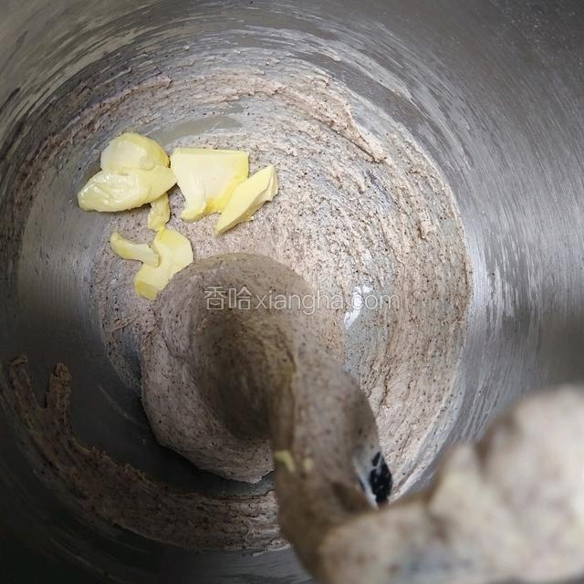 出粗膜后加入黄油，1档混合均匀，4档打8~12分钟至扩展阶段