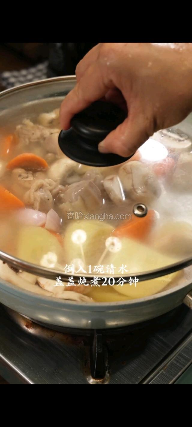 倒入土豆，胡萝卜和口蘑，倒入清水盖盖炖煮20分钟。