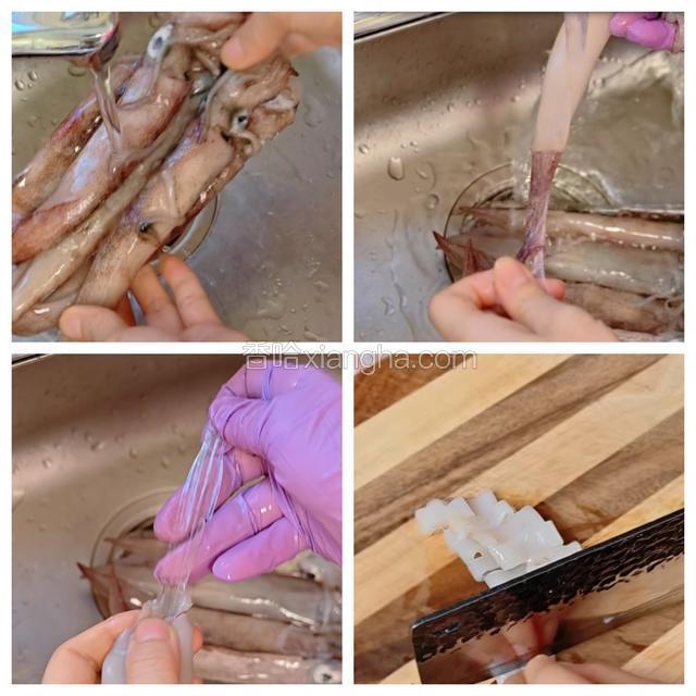 笔管鱿鱼冲水解冻，剥去外皮，去掉鱼头内脏和鱼骨，切成鱿鱼圈。