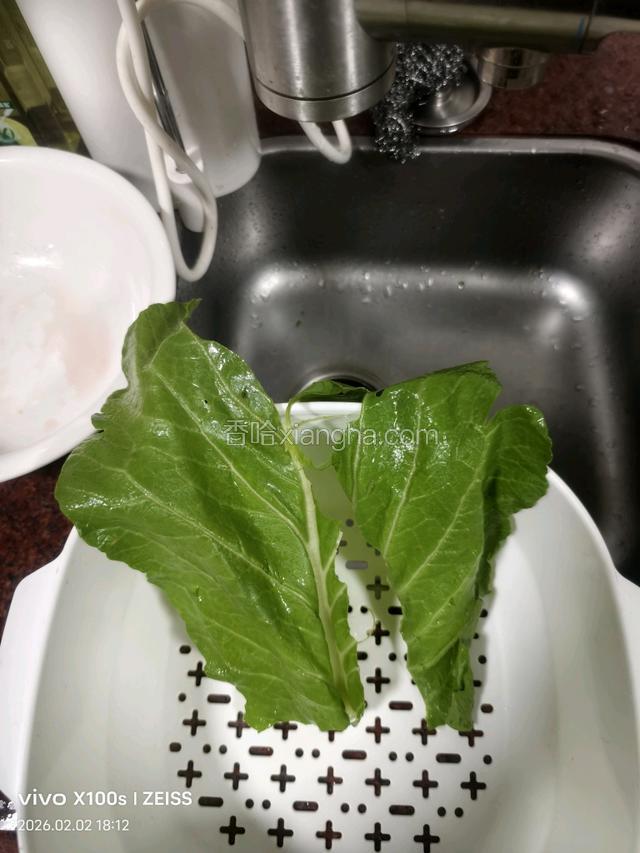 等待的时间洗菜。将春菜叶子和梗剪开，洗的过程需把叶子打开冲洗，梗也要把中间的叶缝冲洗干净去沙土。并像图中把叶尖沿叶柄撕开。叶子部分切丝，叶梗部分切丁，分开放。