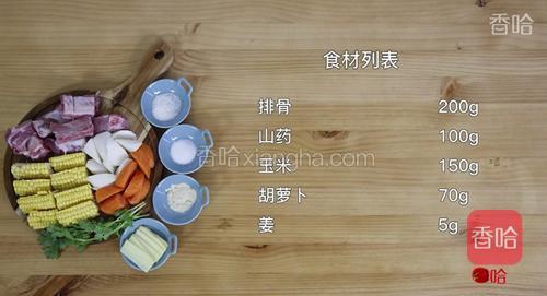 胡萝卜切条，山药切块，玉米切条，排骨洗净剁块，姜切片，备用。