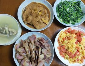 7.8 晚饭 3 人 红烧大排 香肠 鸽子汤 西红柿炒鸡蛋 炒菠菜[图]